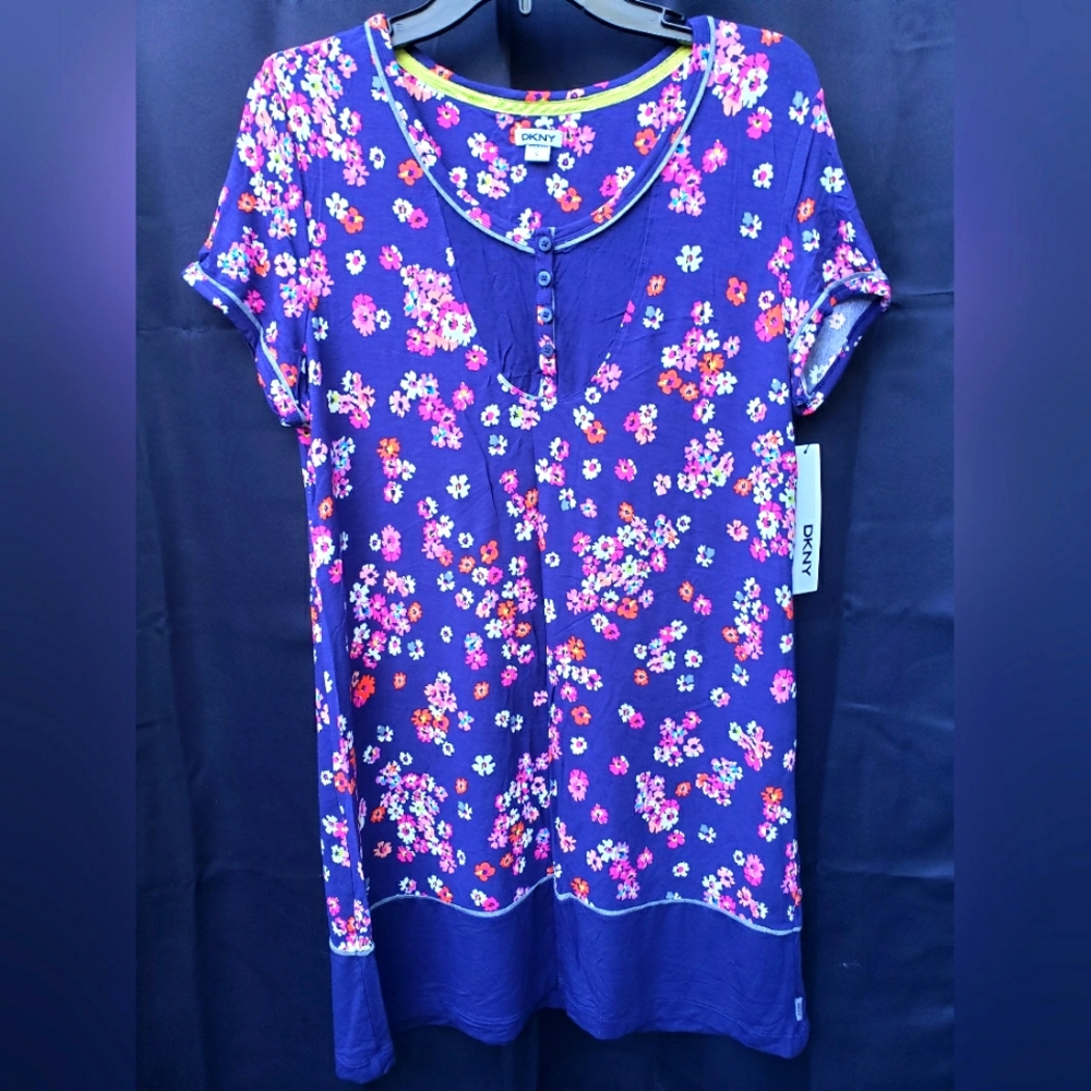 NWT $64 DKNY Tunic Top Size L Blue Floral Print